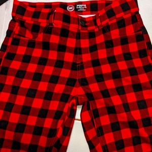 Girl's red/black buffalo check jeggings